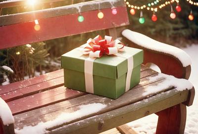 The primary subject of the image is a green and white gift box with a red bow on top, placed on a wooden bench. The setting is an outdoor environment with a snowy background, creating a wintry atmosphere. The visual style is a photo, capturing the details of the gift box and its surroundings. The colors and mood of the image are predominantly green, white, and red, with the snow adding a touch of coldness to the scene.